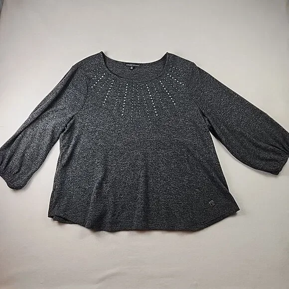 Adrienne Vittadini 2XL Grey Crystal Studded Round Neck Sweater Gathered Sleeve - Picture 1 of 9